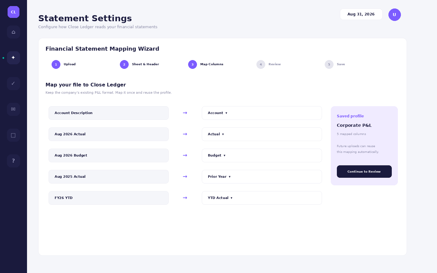 Close Ledger financial statement mapping wizard